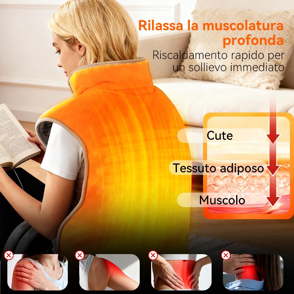 Scaldacollo Elettrico Riscaldante 60x100cm, Design Extra Lungo con Cintura - 6 Temperature Regolabili, 4 Impostazioni Timer e Cavo 2.7m per Cervicale e Schiena
