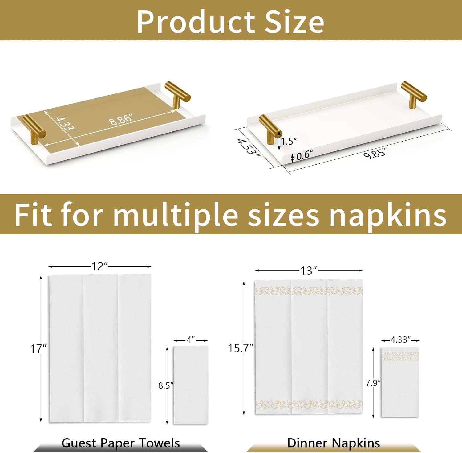 Napkin Holder for Bathroom, Guest Towel Holder Tray for Bathroom, White Guest Napkin Holders with Golden T-Handle, Disposable Hand Towel Tray for Guest Room, Table, Kitchen - Image 5