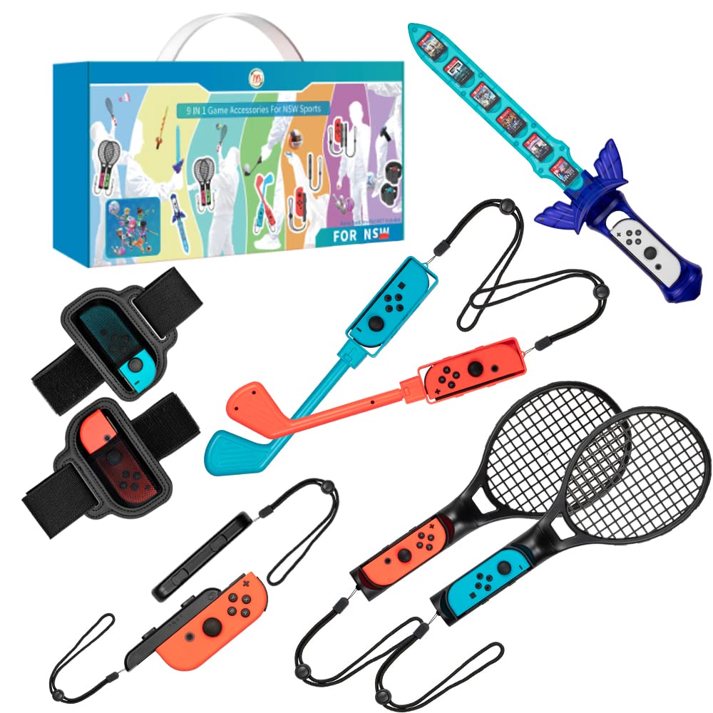 Iesooy 2022 Nintendo Switch Sports Accessories Bundle For Nintendo Switch/Switch OLED, 9 in 1 Family Accessories Kit with Sword, Leg Straps, Tennis Rackets, Glof Clubs And Wrist Straps