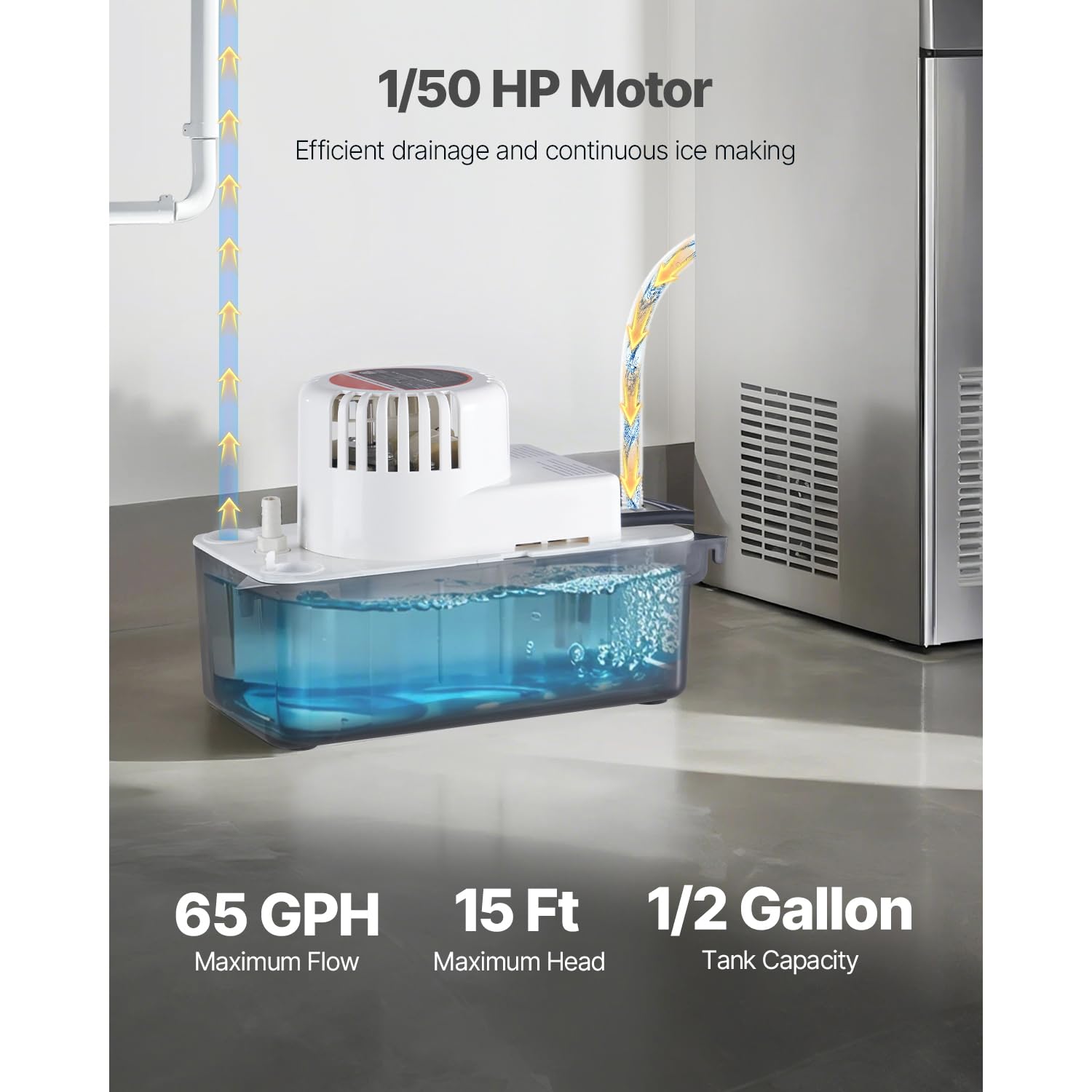 Happybuy Condensate Removal Pump, 1/50 HP, 65 GPH Output. 15 ft Lift Capacity, 1/2 Gal Tank. Automatic with Float Switch, 20 ft Hose. For AC, Dehumidifier, Furnace, Ice Maker Drain