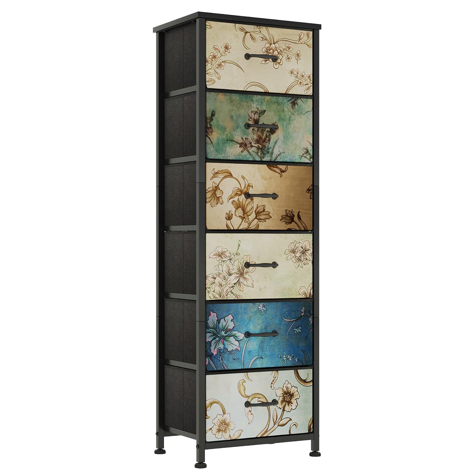 CAIYUNChest of Drawers Bedroom with 6 Drawers, Tall Fabric Dressers with Flower Printing, Dresser for Entryway Hallway Living Room, Closet Storage Drawer, Bedside Table