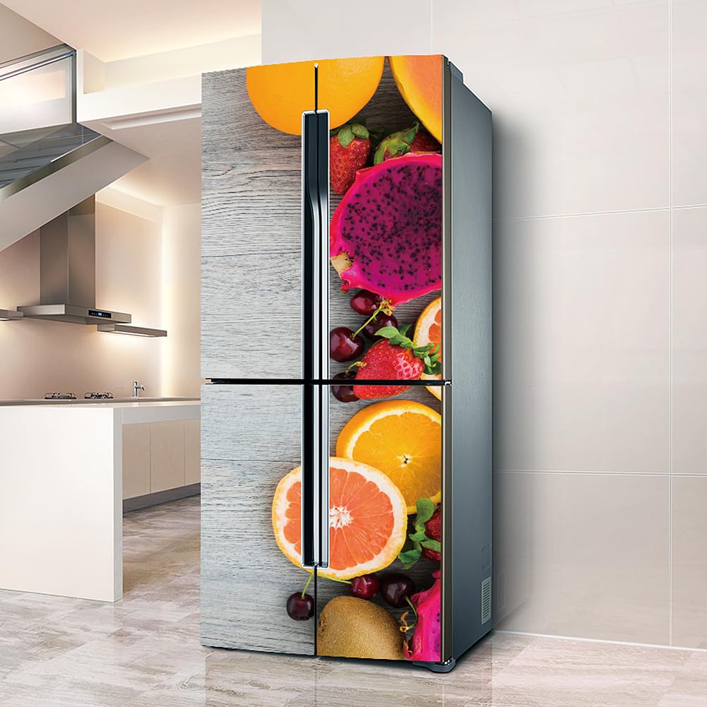 Myxjx One Color Fridge Wrap, Full Covering Door Fridge Covers Skins Wall Stickers For Kitchen Decal, Wooden Board Fruit Orange Strawberry