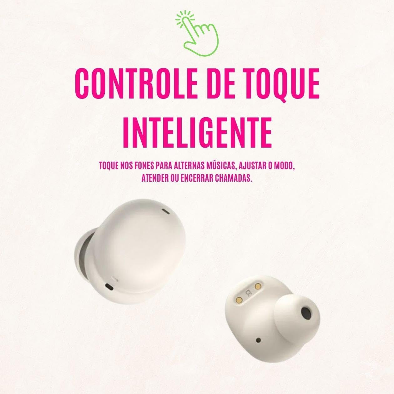 Close-up of the earbuds showing the touch control area and a hand icon indicating touch interaction.