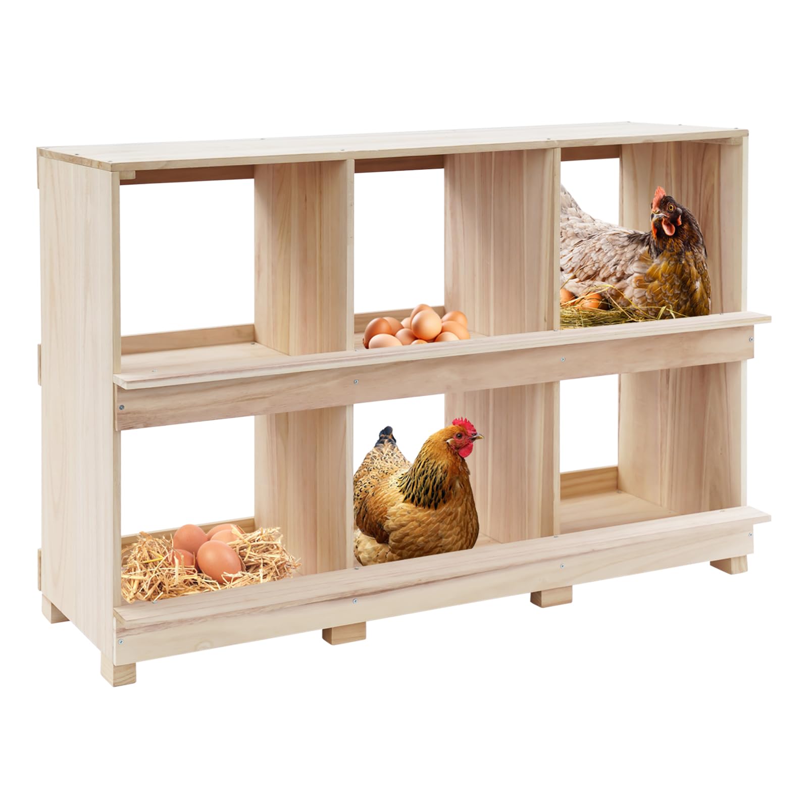 Legenester HüHner Legenest HüHnernest Abrollnest legenester Hühner-Nistkasten aus Holz, 6 Fächer, 96x37,2x66,3 cm, Naturholzfarbe, mit Sitzstange, für Legehennen