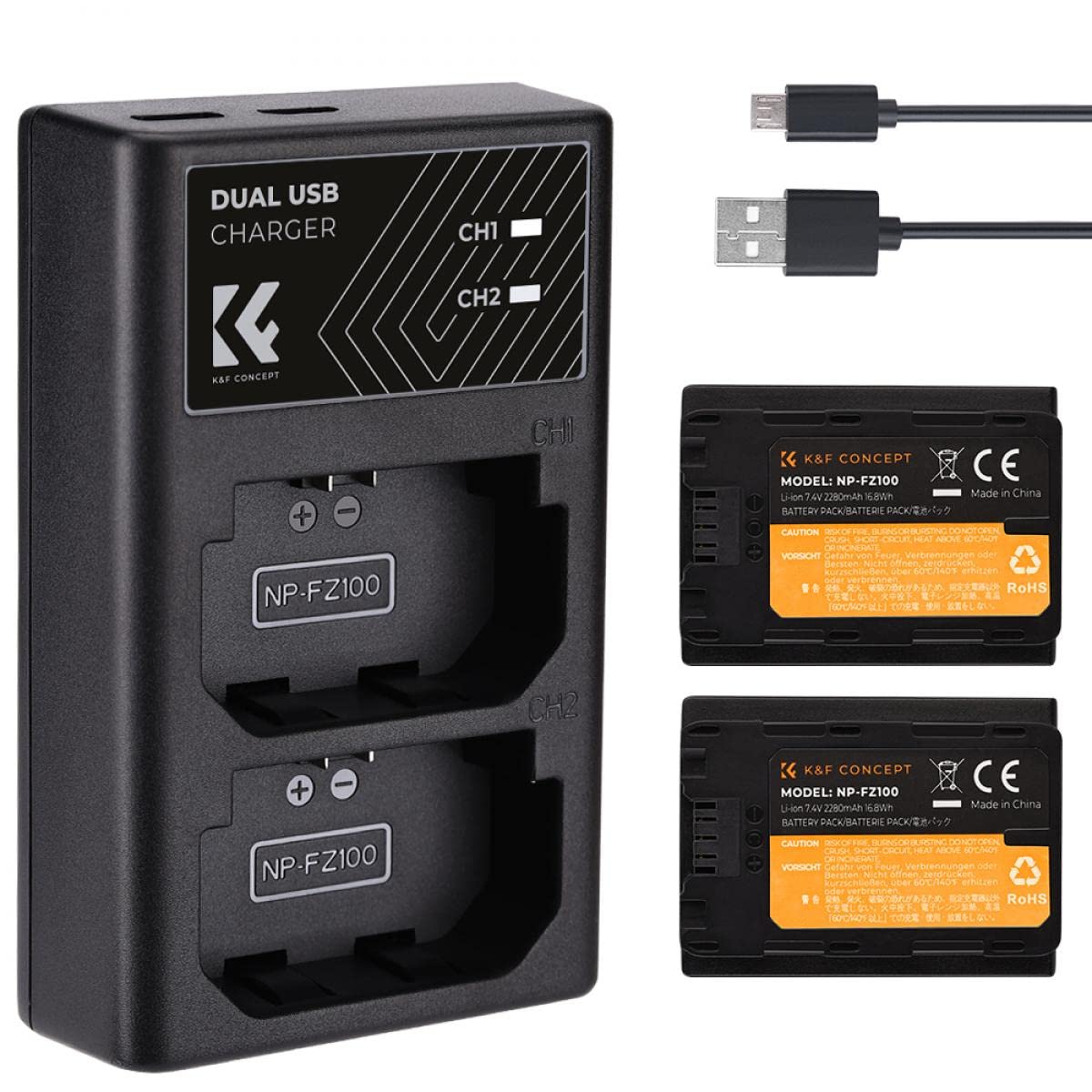 K&F CONCEPTNP-FZ100 Battery Replacement for Sony NP-FZ100 w/Smart Dual Type-C Travel Charger for Alpha A7 III A7 IV A7sIII A7RIII A7RIV A9 A9II A7C FX3 FX30 a6700 (2 Batteries+Charger) 1YR WARRANTY