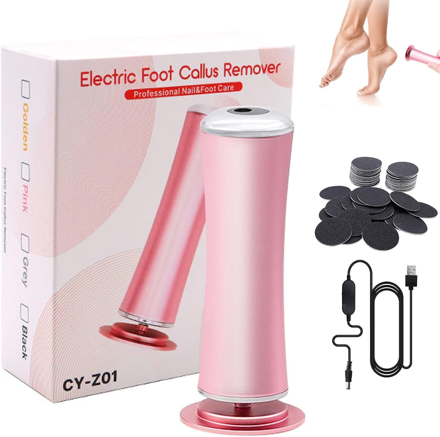 Electric Foot Callus Remover, Adjustable Speed Electric Foot File with 60pcs Replacement Sandpaper Disks, Electric Foot File Pedicure Kits for Hard Skin and Callus Remover (Pink)