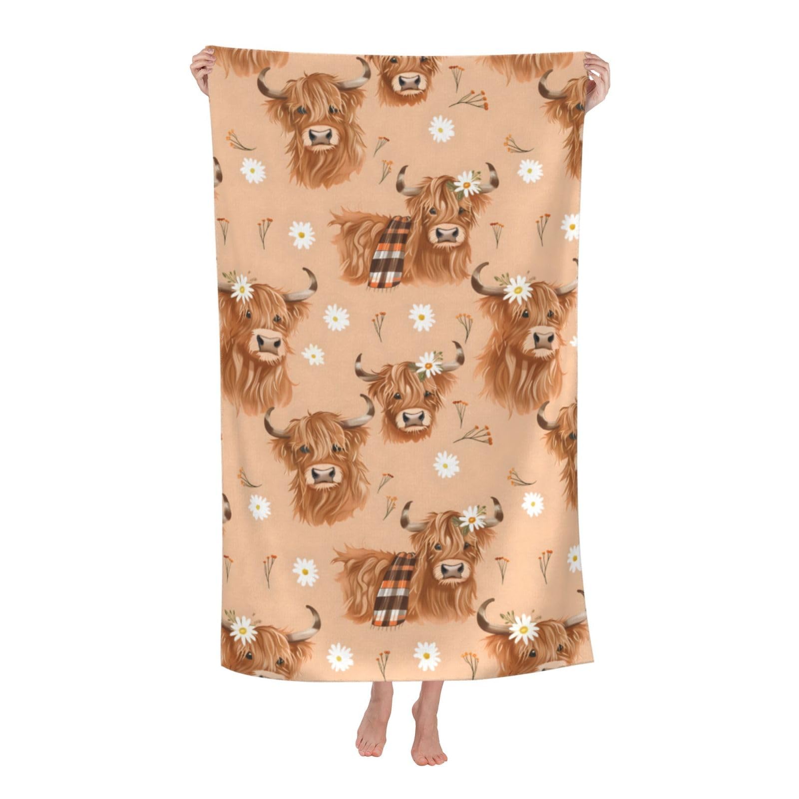 dhakalrlde Highland Cow Beach Towel - 32×52 in Microfiber Quick Dry Sand Proof Lightweight Pool Towel for Women Adults Kids, Absorbent Soft Plush