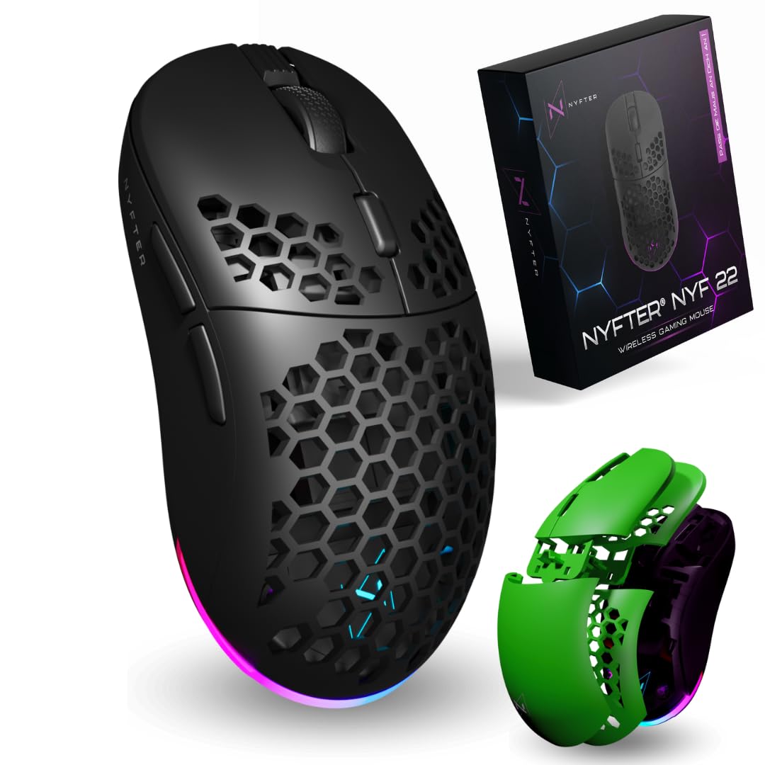 Nyfter - NYF22 Wireless Gaming Mouse Ultraligero 75g Potente con 400mA 19K DPI, 400 IPS 1000 Hz 50h Duración de la batería Duradera Dos Cases intercambiables Incluye