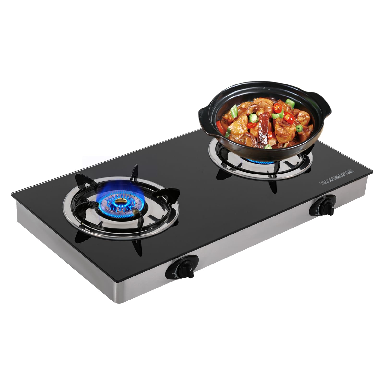 28 Inches LPG Gas Cooktop 2 Burners Cooktops w/Strong Flame, Portable Gas Stove Countertop Gas Hob Black Tempered Glass Dual Fuel Gas Cooker for RV, Apartments, Camper, Outdoor