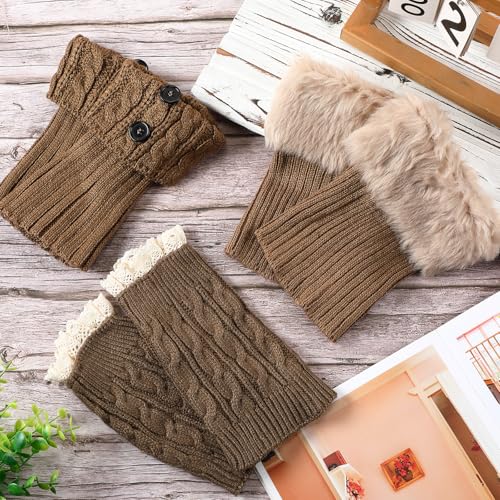 3 Pairs Winter Warm Boot Cuffs Leg Warmers Ankle Warmers for Women Short Boot Socks Crochet Knitted Furry Leg Warmers for Winter4