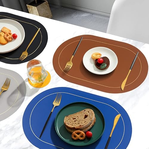 Oval Reversible Faux Leather Placemats - Set Of 6 Black Waterproof & Heat-Resistant Table Mats For Dining, Kitchen, Wedding & Party #TOP5