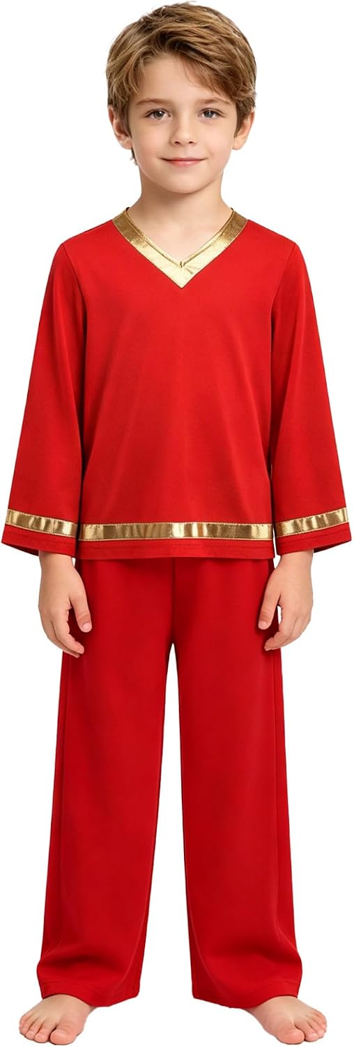 Kids Liturgical Worship Dance Outfit V-neck Pullover Top with Wide Leg Pants Church Praise Dance Wear