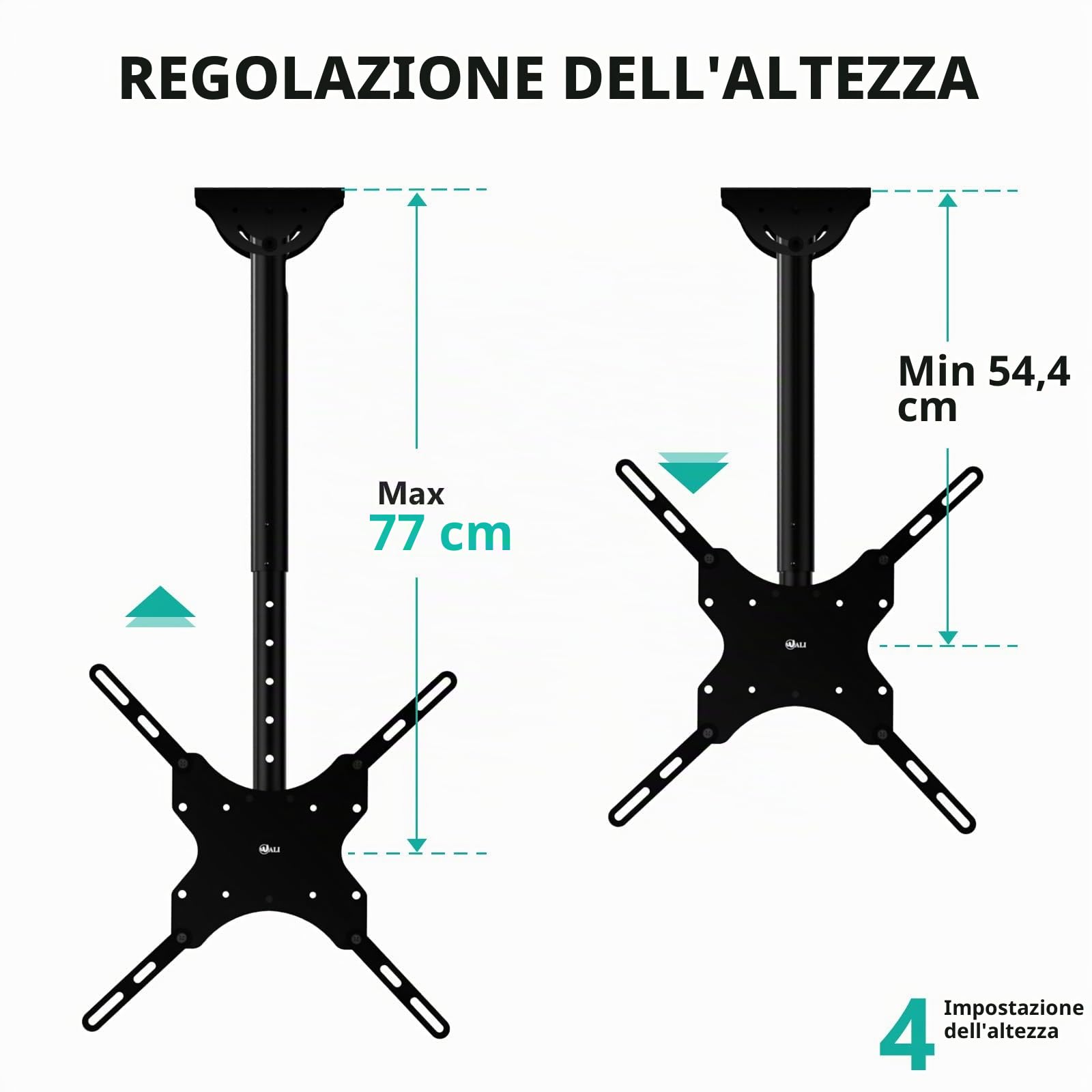 WALI Supporto da soffitto per TV a soffitto, inclinabile, orientabile, per schermo piatto da 26 a 65 pollici, supporta fino a 50 kg, VESA max 400 x 400 mm, supporto per soffitto piatto e inclinato,