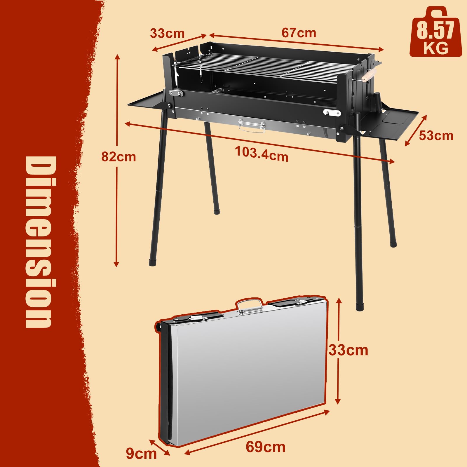 Denmay Großer Klappgrill tragbarer Camping Grill mit Gestell, Picknickgrill inklusive Grillrost, Holzkohlegrills Grill BBQ Portable, Tischgrill Campinggrill, Mangal Grill Schaschlik