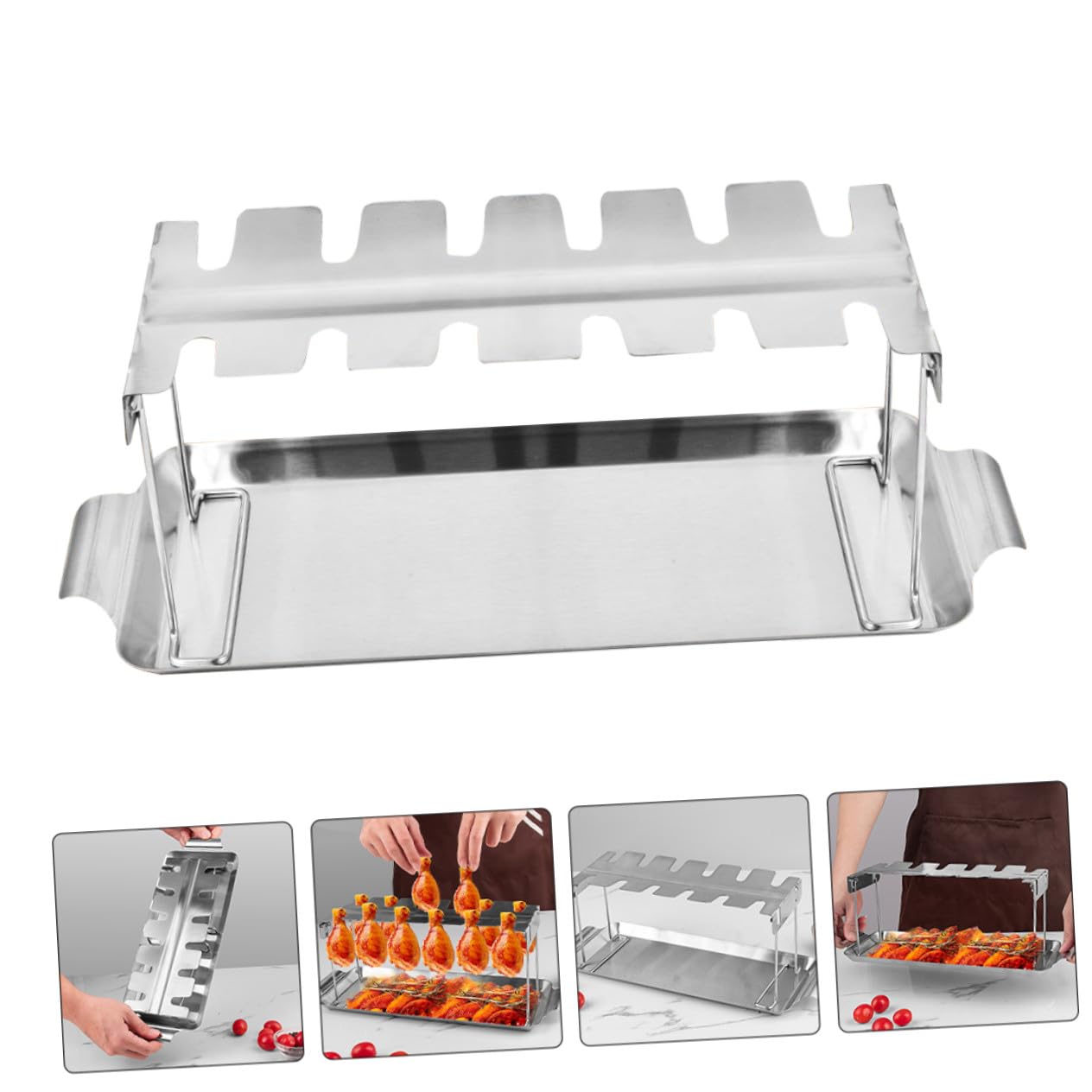 Soporte para Pollo de Acero Inoxidable con Bandeja Antigoteo Parrilla Plegable para Barbacoa Herramienta Práctica para Exteriores y para Parrilladas Familiares y Camping