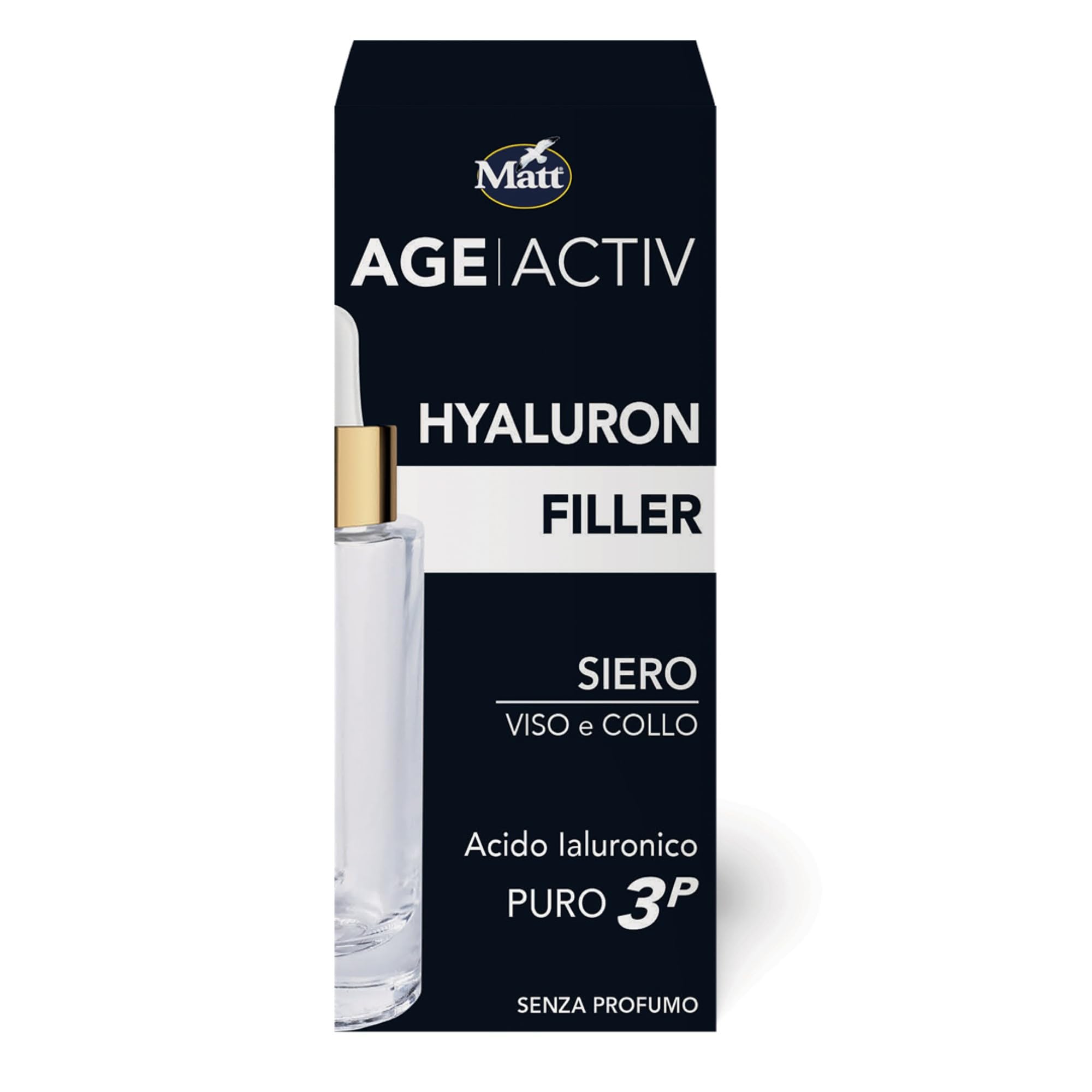 Matt, AGEACTIV Hyaluron Filler, Siero Viso e Collo con Acido Ialuronico Puro, Tripla Idratazione, Rigenera e Rimpolpa la Pelle, Riempie le Rughe, Rimodella i Contorni del Viso, Senza Profumo, 30 ml