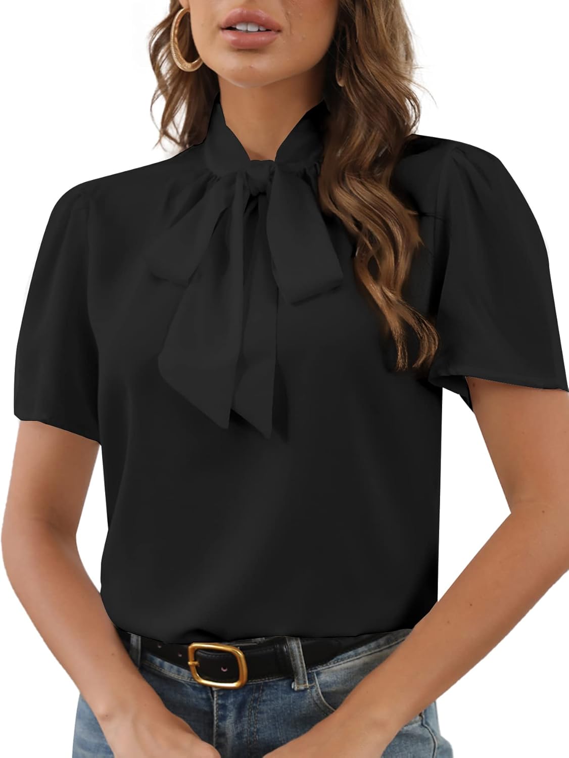 Rooscier Women's Bow Tie Knot Mock Neck Short Sleeve Elegant Workwear Blouse Shirt Top - Image 4