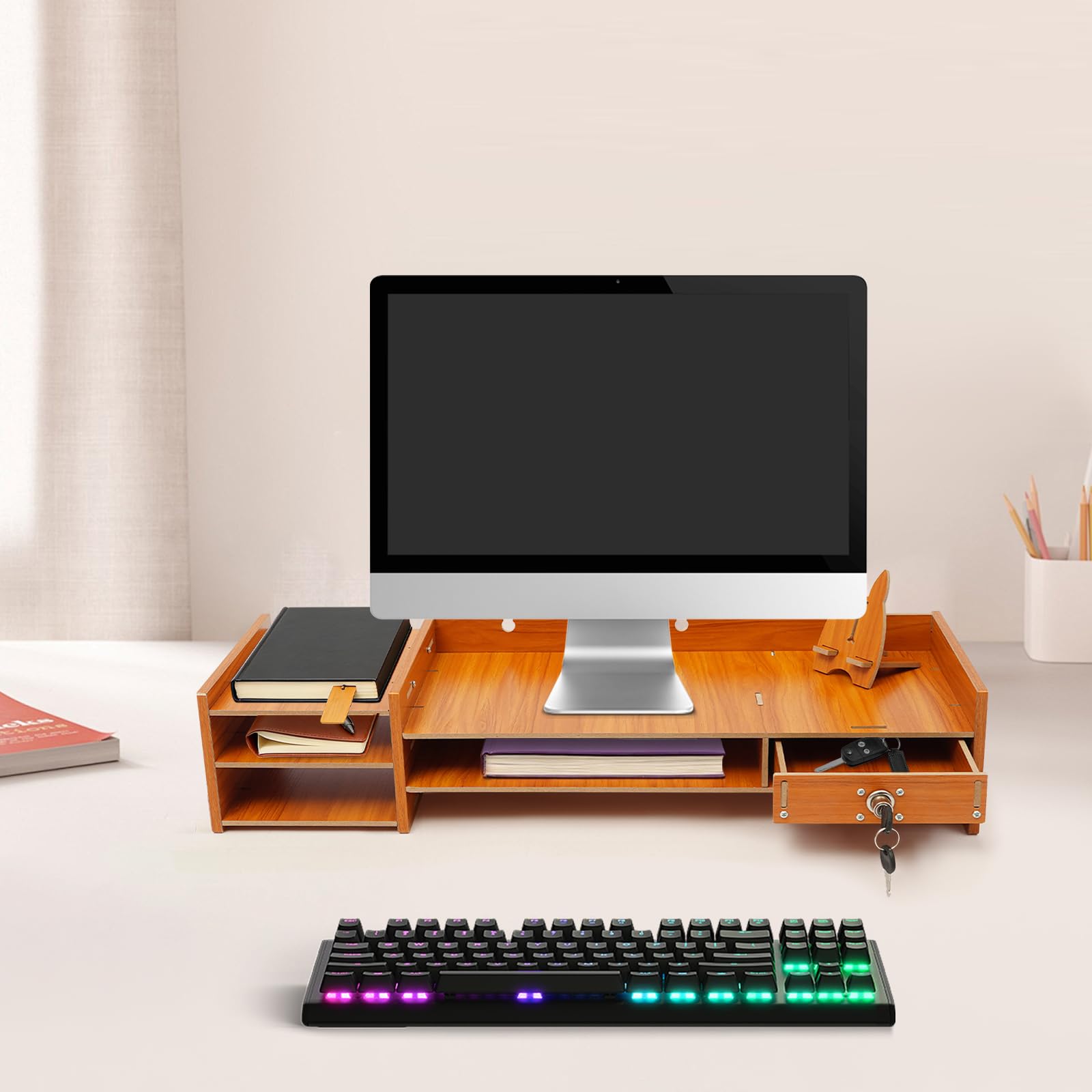 Rehausseur de moniteur avec tiroir - 5 compartiments - Bureau
