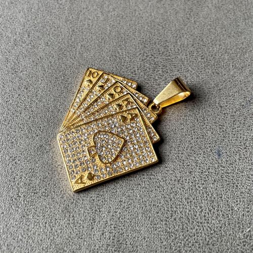 18K Gold Plated Iced Out Stainless Steel Playing Card Poker Pendant Necklace4