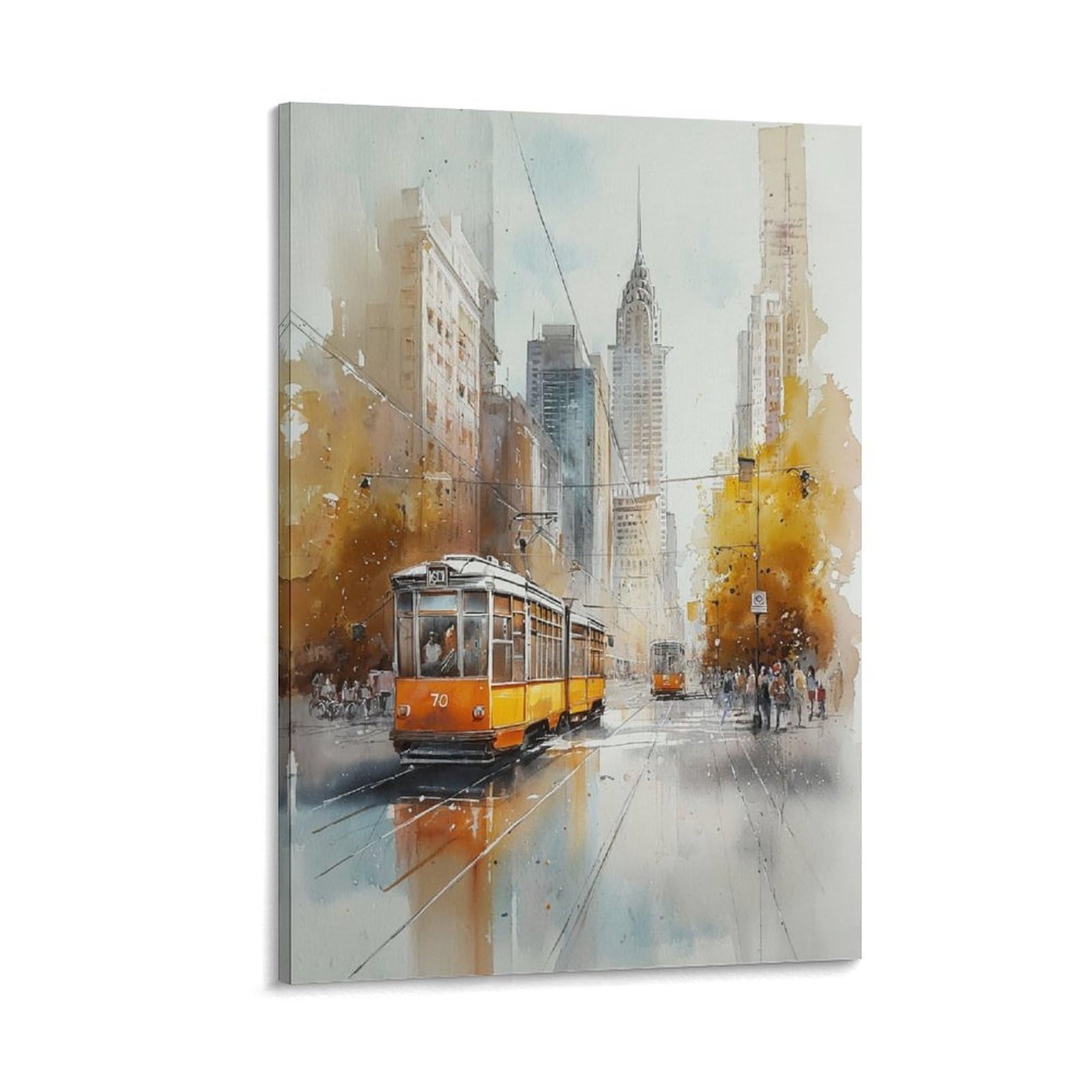 CNAHEIZ Watercolor Trolley Cityscape Tree 20x30inch(50x75cm) Vintage Travel Poster Watercolor Canvas Art