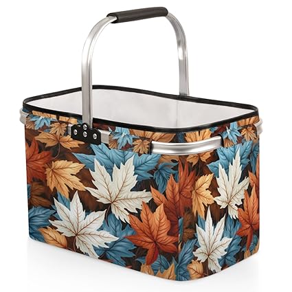 TropicalLife Autumn Maple Leaf Collapsible Market Basket, Foldable Picnic Basket with Aluminum Alloy Frame Reusable Storage Basket for Beach Shopping Camping