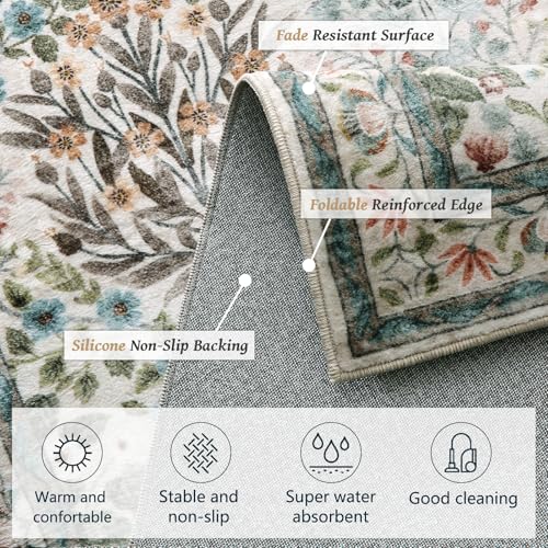 Image of Non-Slip Washable Entry Rug 2x3, Vintage Floral Indoor Front Door Mat for Entryway, Bathroom & Kitchen