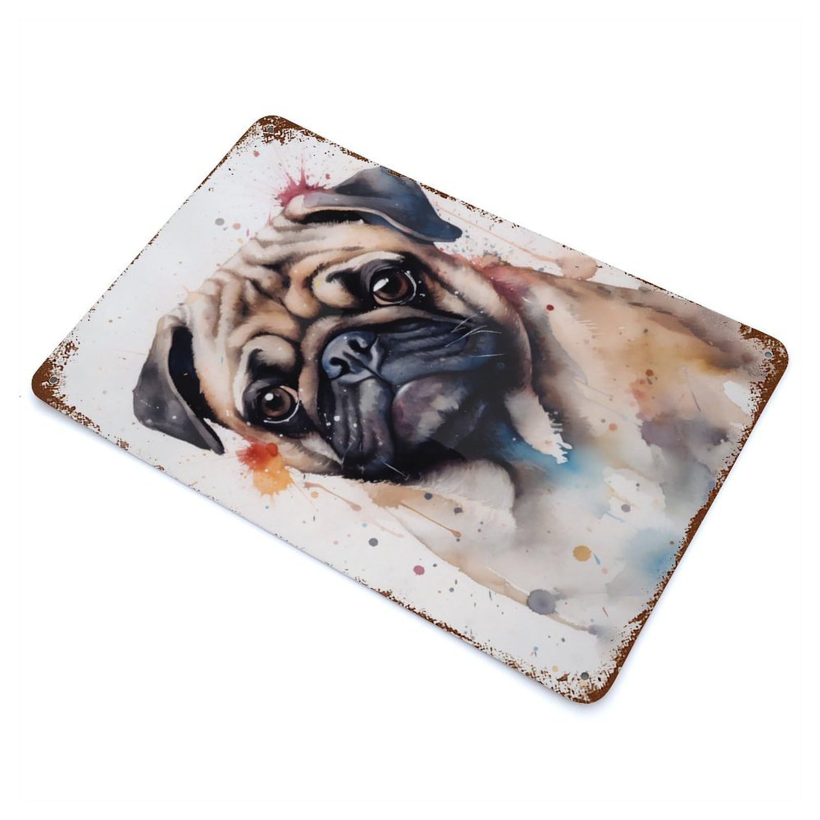 Pug Splash Painting Weathered Tin Sign 11.8"x7.9", Retro Wall Decor for Pub, Kitchen And Man Cave Decor