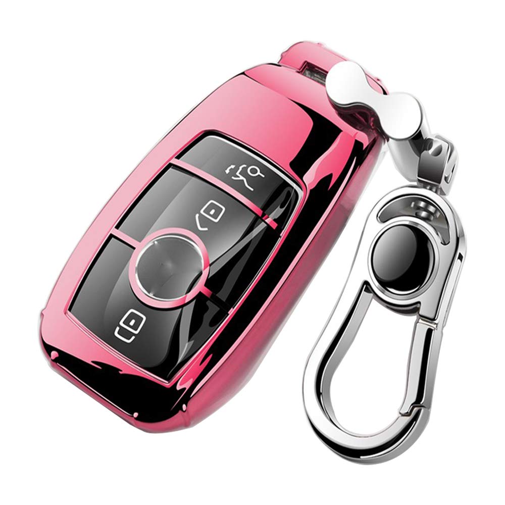 Car Key Fob Cover,Fit for C E S M CLS CLK G Class Key Fob,Smart Car Key Soft TPU Case Protector Key Fob with Alloy Keychain Silver (Pink, B)