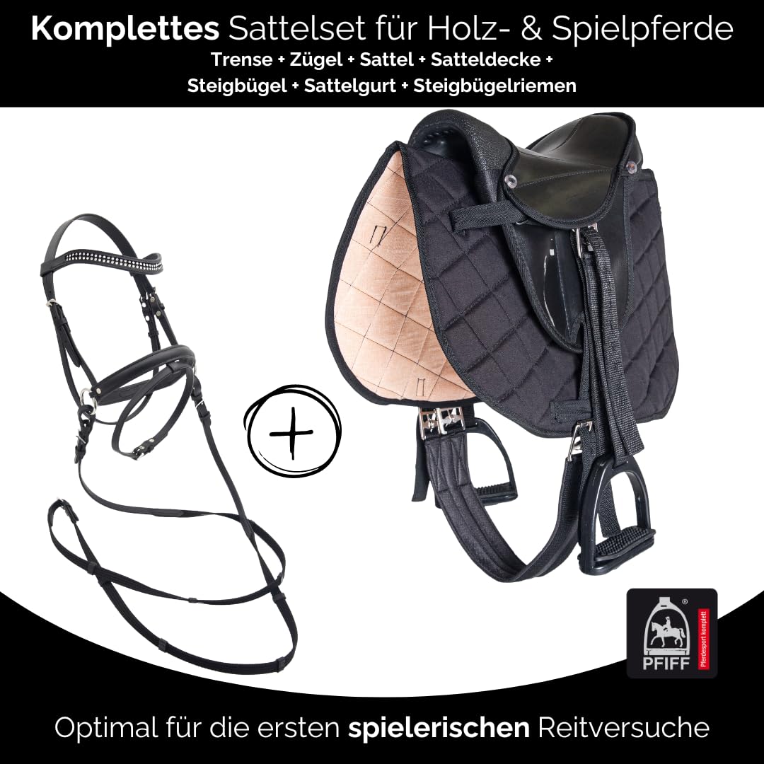 PFIFF 103122 Kinder Sattelset für Holzpferde, Reitset, Sattel und Trense für Spielpferde, Schwarz, MS