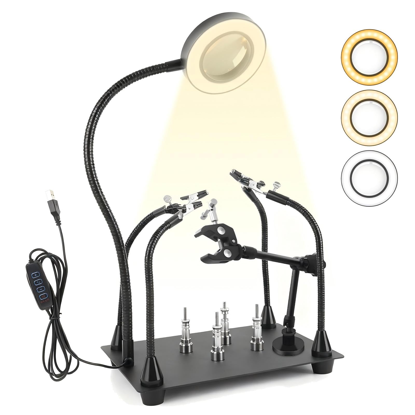 Saldatura Terza Mano, Magnetico Stazione Saldante con 4 Bracci Flessibili Lente d'Ingrandimento a LED 6X e Braccio di Supporto Meccanico per Riparazione PCB Lavori di Saldatura Modellismo