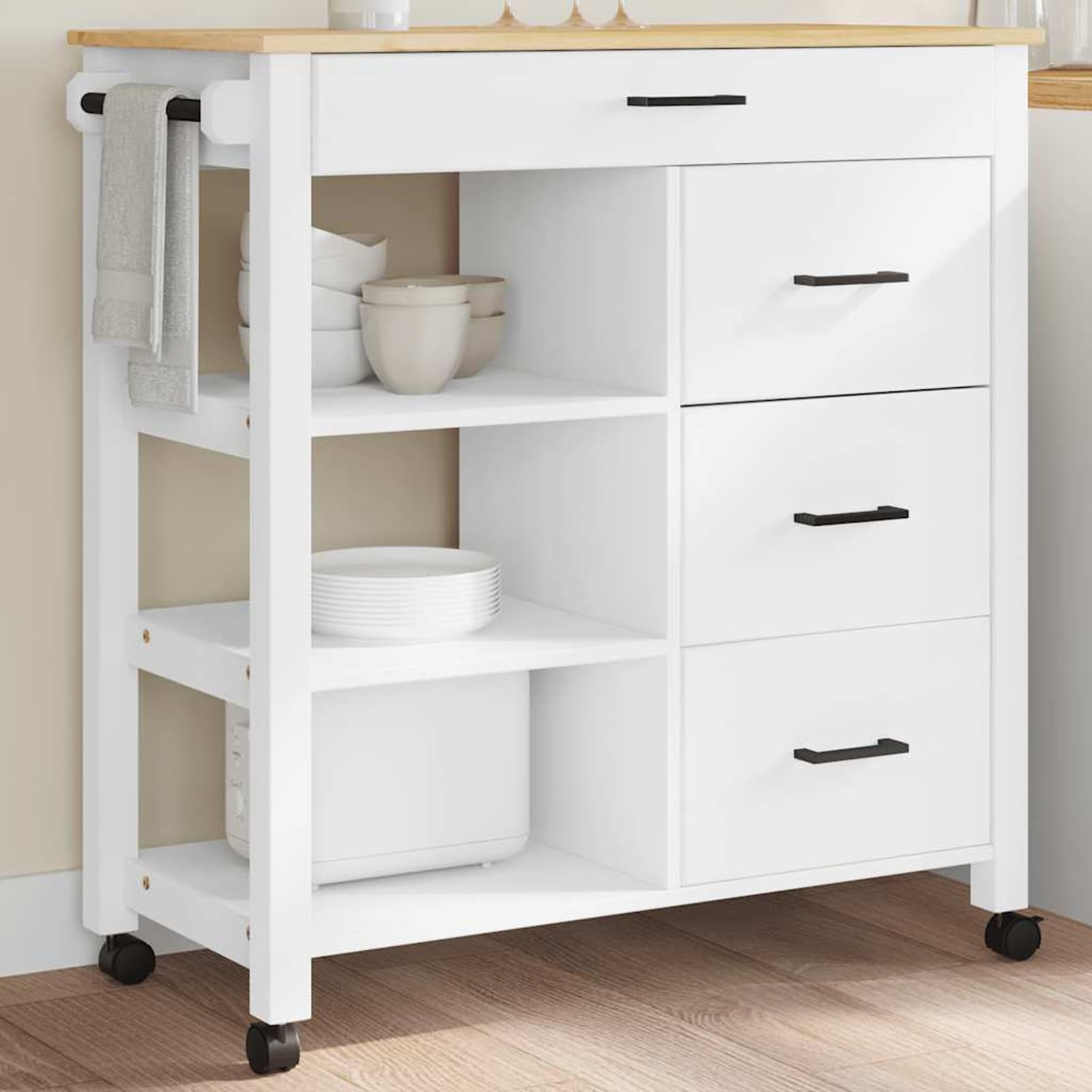 Carrello da Cucina Monza 84x40x88,5 cm Bianco in Legno Massello di Pino