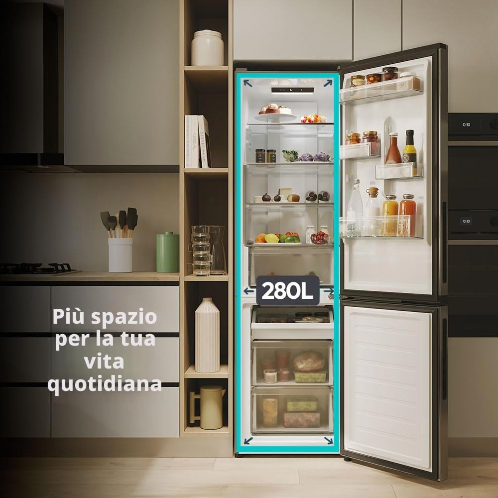 Candy City Fresco 300 CNCQ2T518EX, Frigorifero Combi, 280L, Larghezza 55 cm, Altezza 182 cm, Total No Frost Circle+, Cassetto per Verdure, Controllo Interno Digitale, Illuminazione LED, Porta