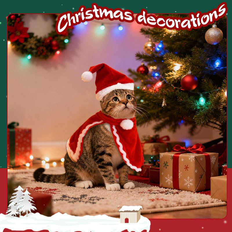 Disfraz navideño para perro pequeño y gato con capa roja miniatura 3