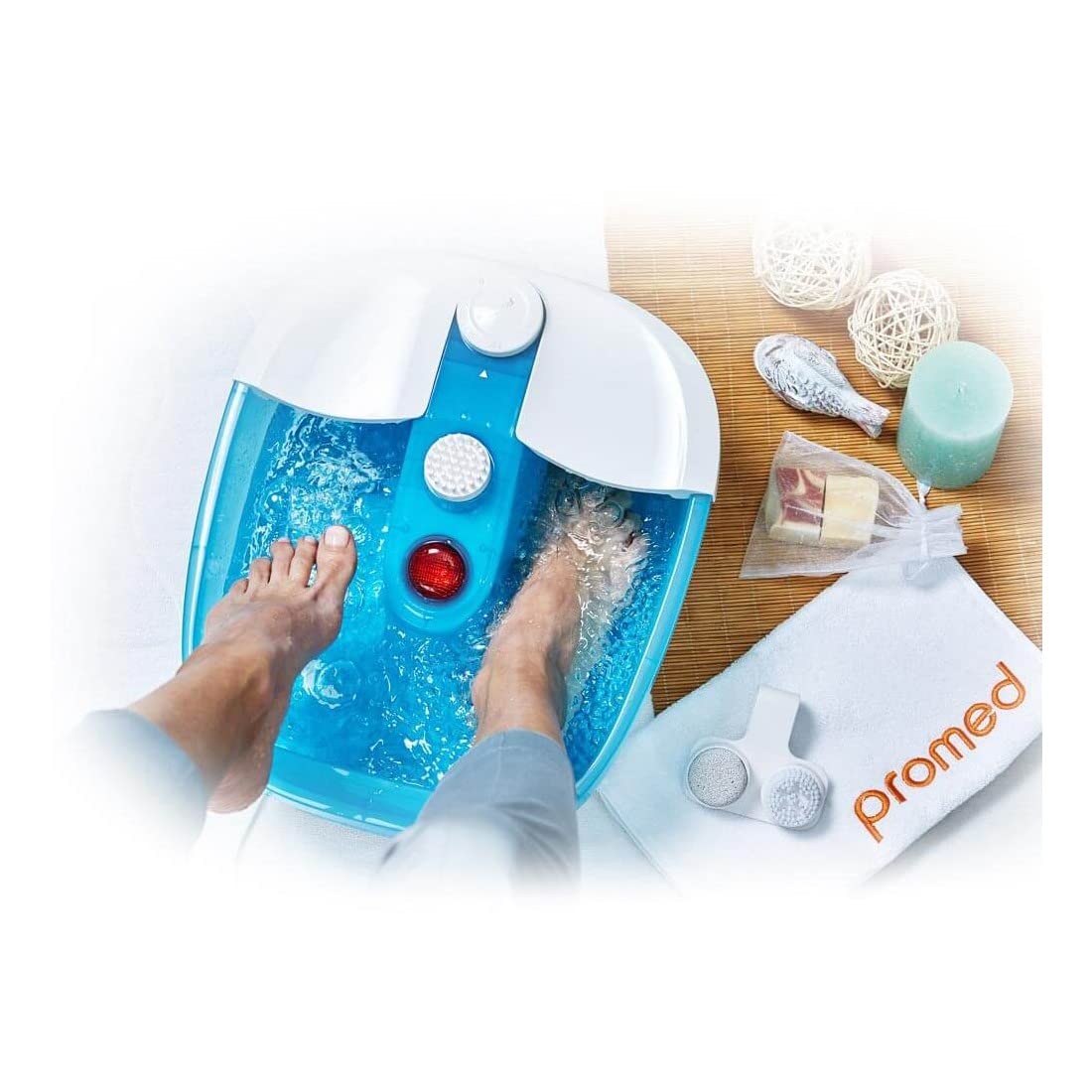 Promed FB-100 Fußsprudelbad, Fußbad mit Sprudel- und Vibrationsmassage, Rotlichtfeld, Warmhaltefunktion inkl. 3 Pediküreaufsätze, Fußpflege/Fuss Spa, geeignet bis Schuhgröße 46