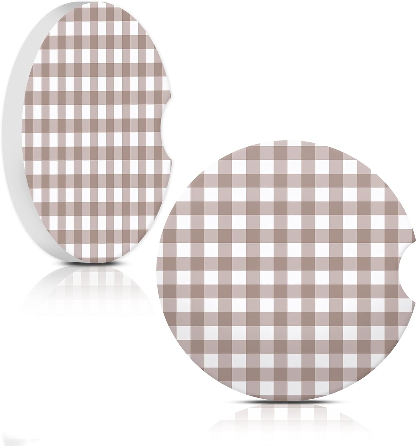 2 Pcs Cute Brown Gingham Ceramic Car Coasters for Cup Holders image 2