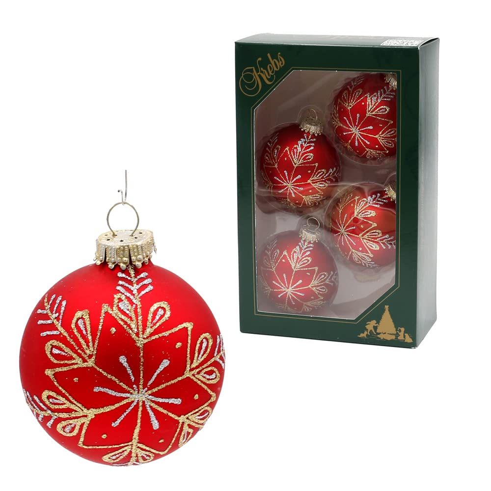 Dekohelden24 Lauschaer Christmas Tree Decorations Set of 4 Christmas Tree Baubles in Red Matt Hand Decorated with Glitter Decoration in Gold and Silver with Gold Crowns Diameter Approx. 10 cm