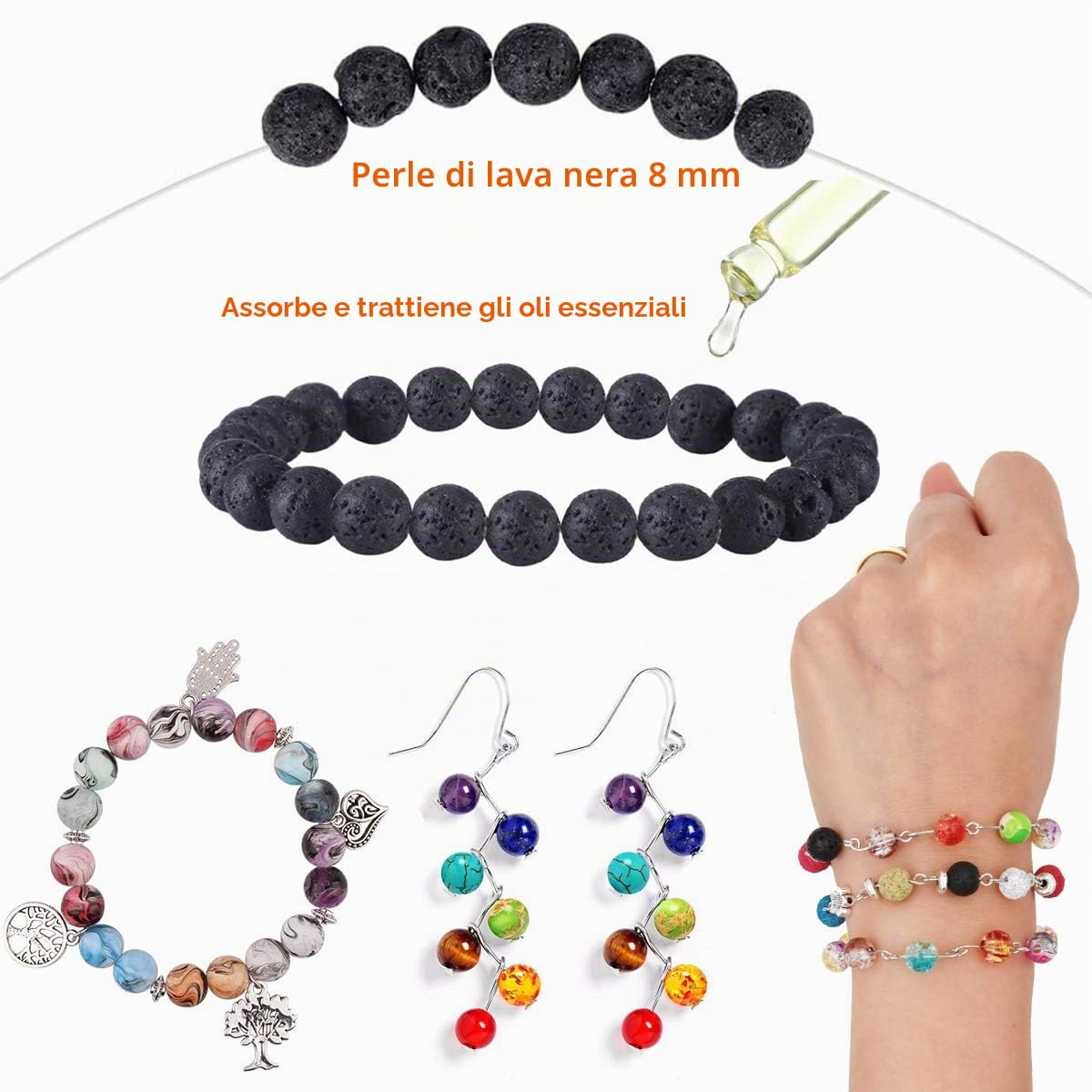 EuTengHao - Kit di perline laviche con perline chakra da 8 mm, perline in pietra naturale e distanziatori, per braccialetti elastici per oli essenziali diffusi per adulti, fai da te
