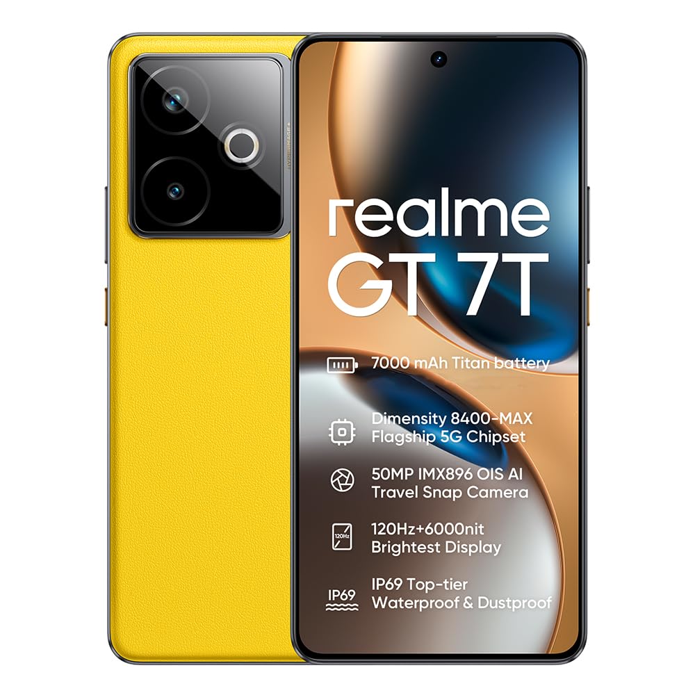 realme GT 7T Smartphone 5G,Batteria da 7000 mAh,Dimensity 8400-MAX,12GB+256GB Telefono,Fotocamera 50 MP+32 MP,120Hz 6.78" Display,Dual SIM Android 15,NFC IP69,Senza Adattatore,Giallo