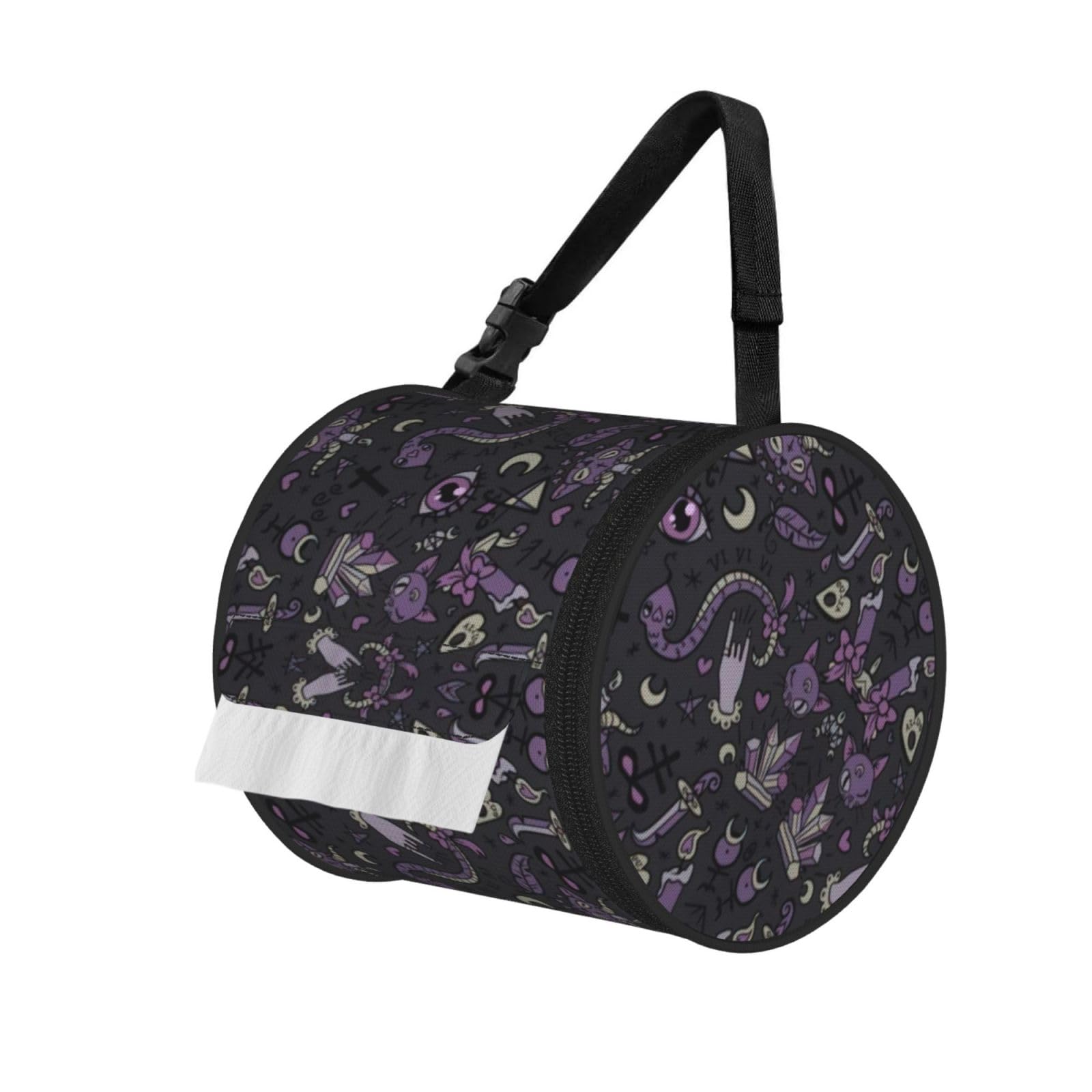 Purple Black Goth Spooky Print Cylinder Tissue Holder Bag With Strap, Portable Roll Dispenser Case For Car Rv Camping