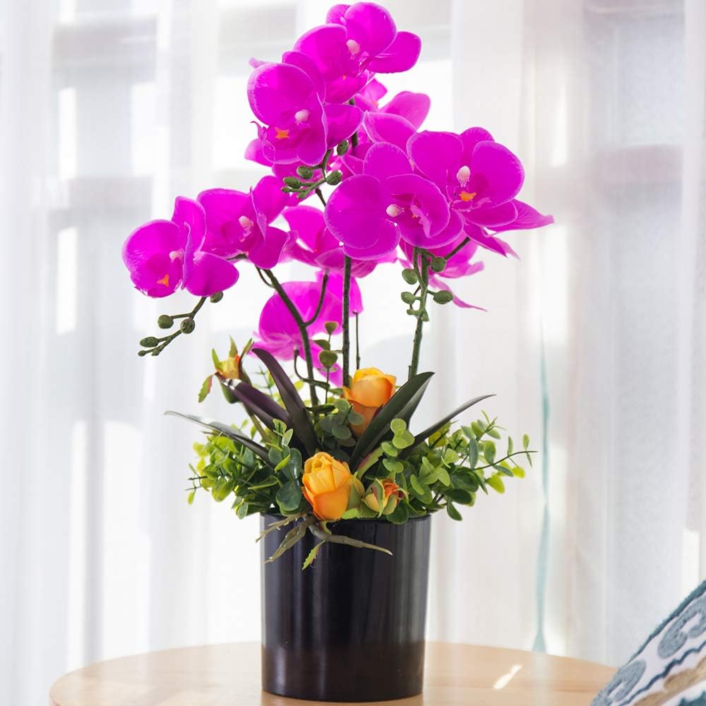 Artificial Orchid Bonsai with Vase Real Touch Fake Orchids Flowers PU Phalaenopsis Bonsai Arrangement for Home Office Table Party Decoration (Black, 1)