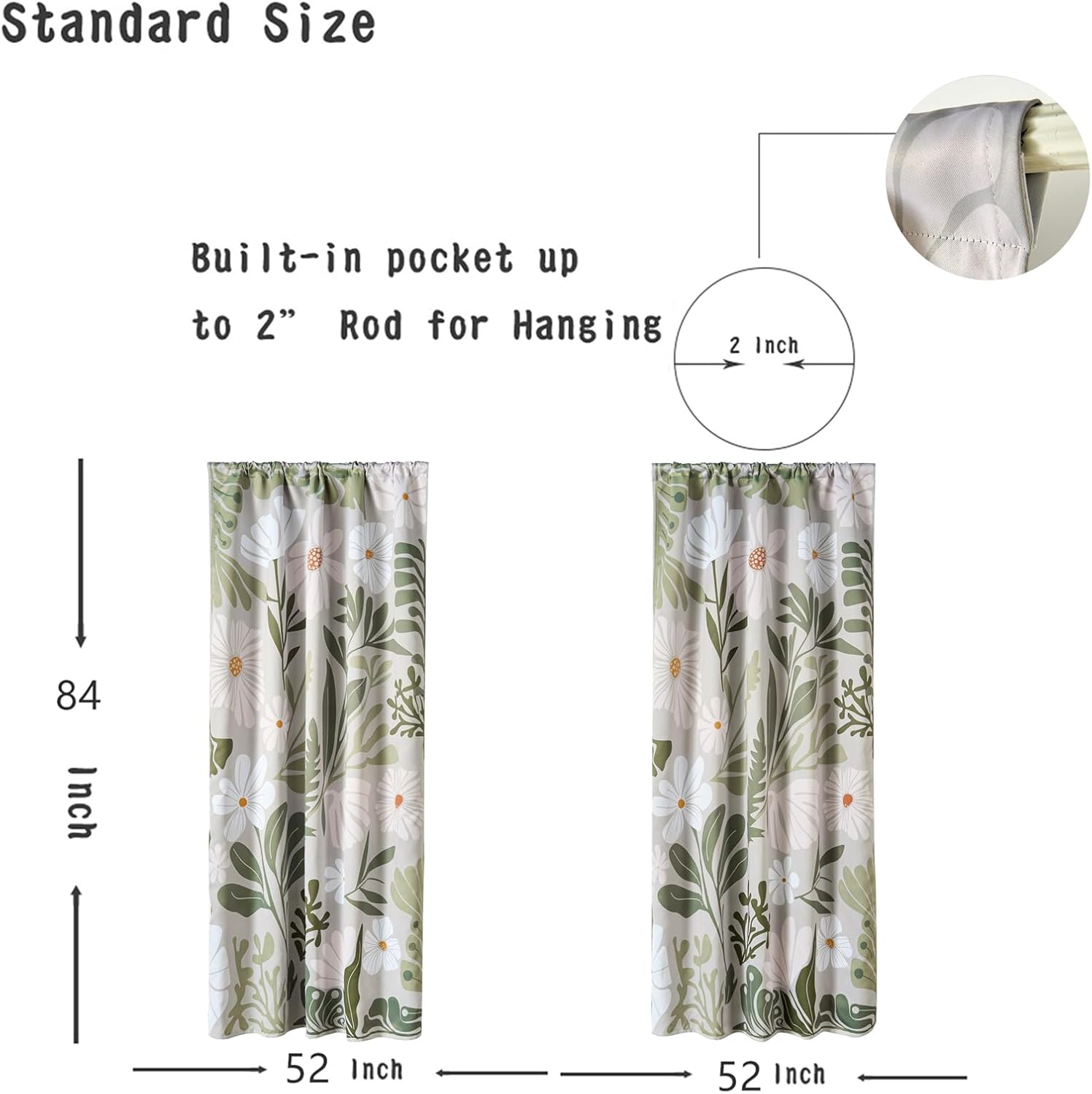 RoomTalks Henri Matisse Blackout Window Curtains for Bedroom Living Room 84 Inches Length 2 Panels, Modern Abstract Aesthetic Botanical Cute Boho Floral Curtain Panels Drapes Green and Greyish White