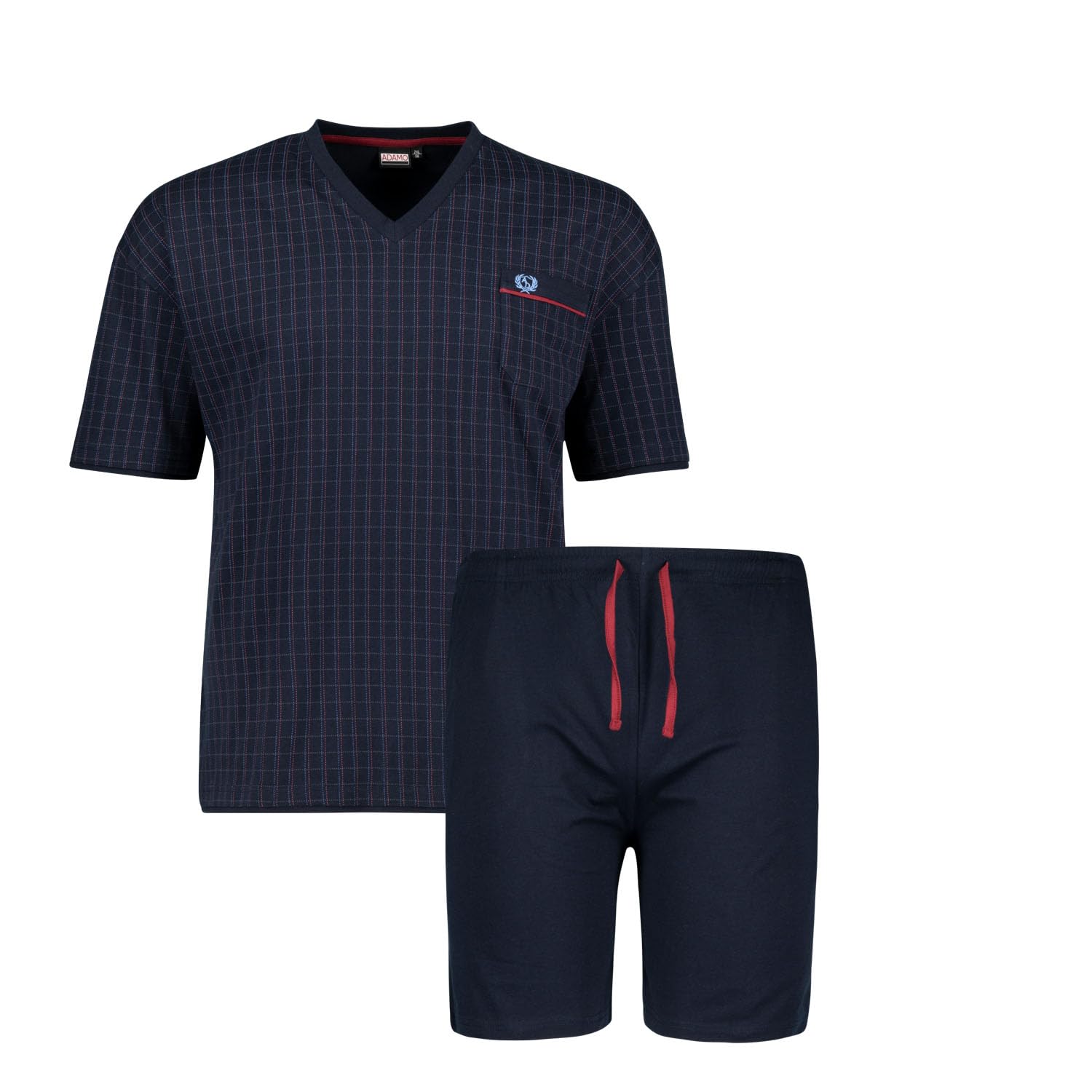 ADAMO Kurzer Herren Pyjama kariert Navy mit V-Ausschnitt bis Übergröße 10XL