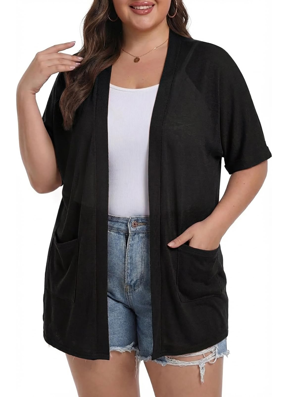 OLRIK Plus Size Summer Cardigan for Women – Short Sleeve Lightweight Cover Up 2026 Open Front Beach Cardigan with Pockets