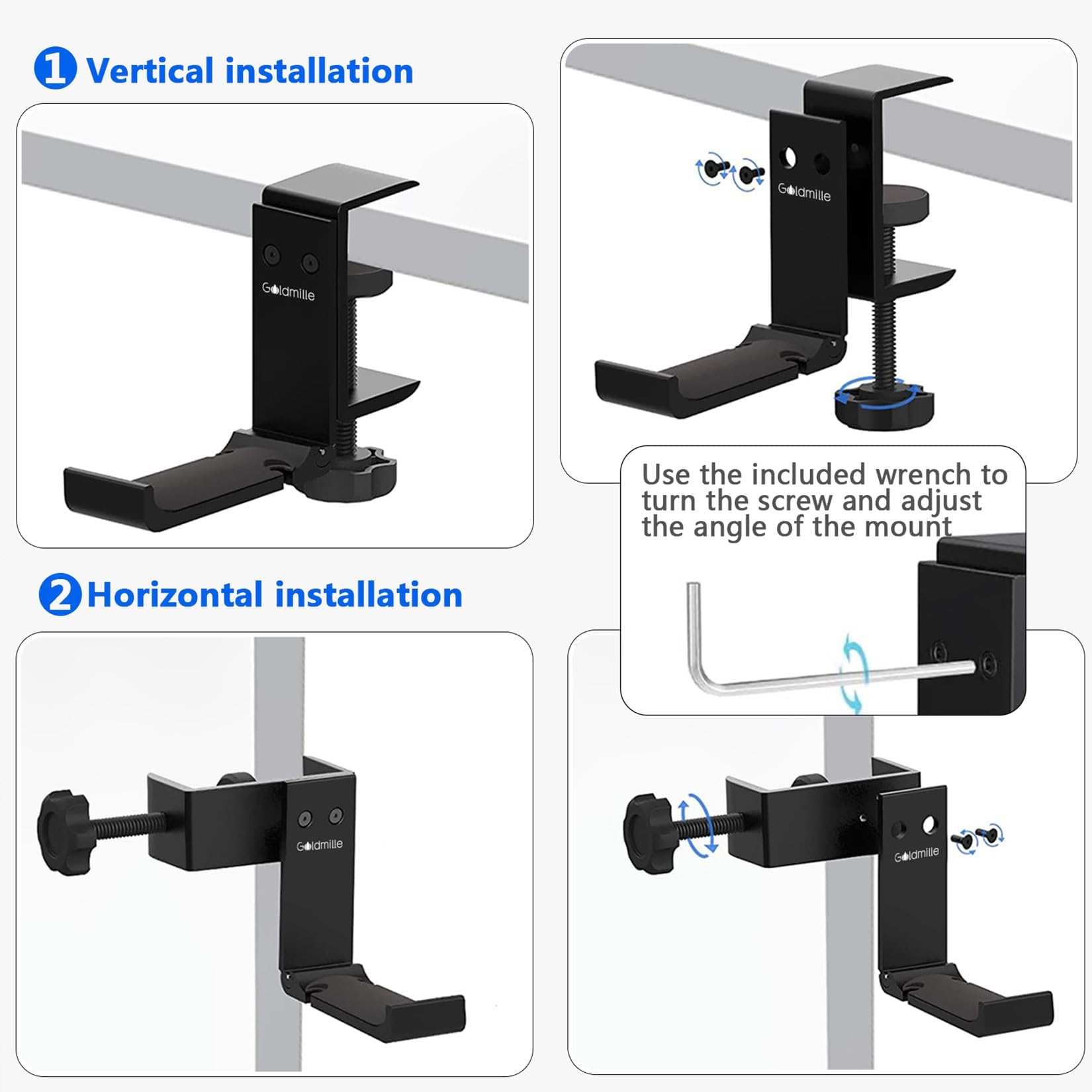 Goldmille Aluminum Headphone Stand Hanger – Foldable with Cable Clip – Headset Holder Clamp Hook Under Desk – Space Saver for Work & Gaming