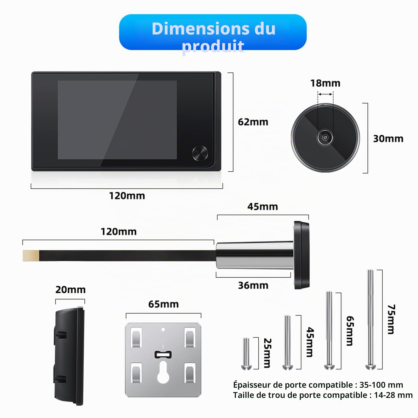 Judas vidéo 3,5" Caméra de porte Viewer Angle de vision 120° avec capteur OV HD pour la maison, sans vision nocturne Noir