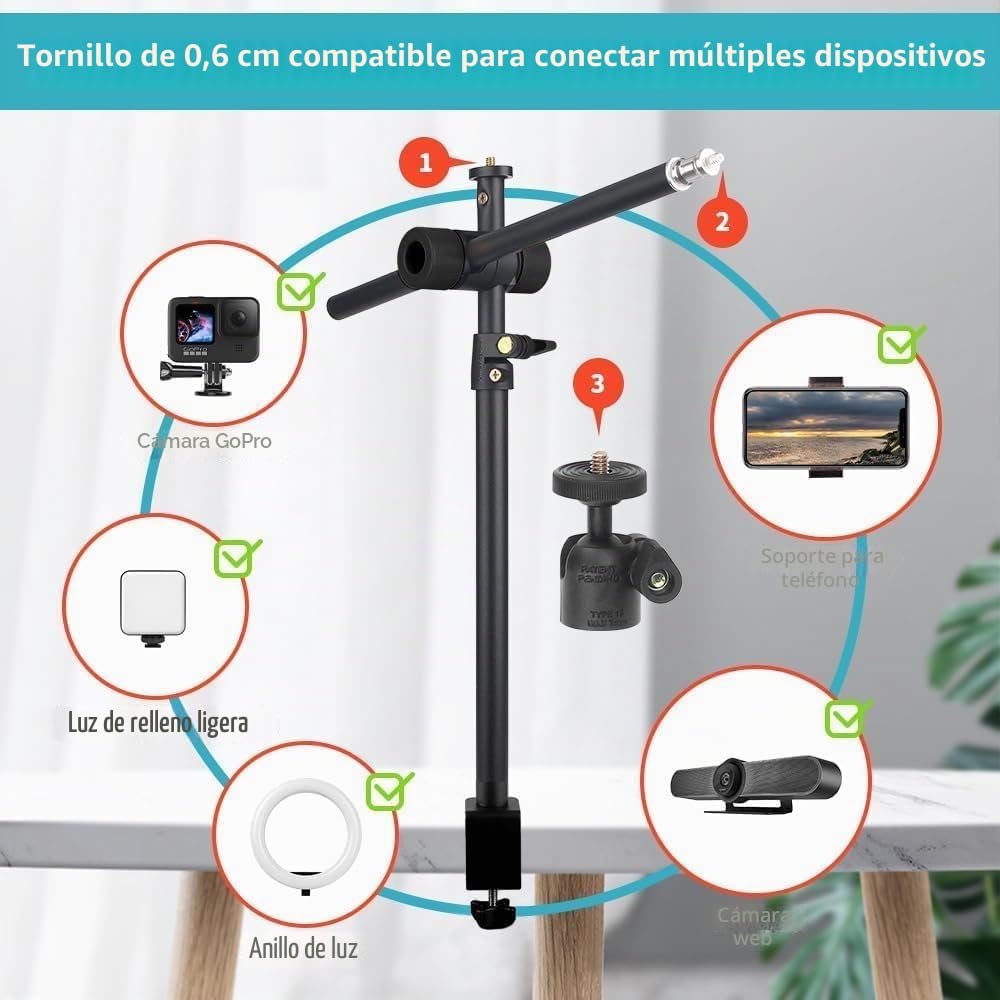 OS01 Trípode de Mesa Trípode para Teléfono Móvil, 32.5-55cm Soporte Ajustable para Cámara Pequeña, Trípode de Pinza con Brazo Flexible y Cabeza Esférica de 1/4" para Webcam, Cámara Pequeña