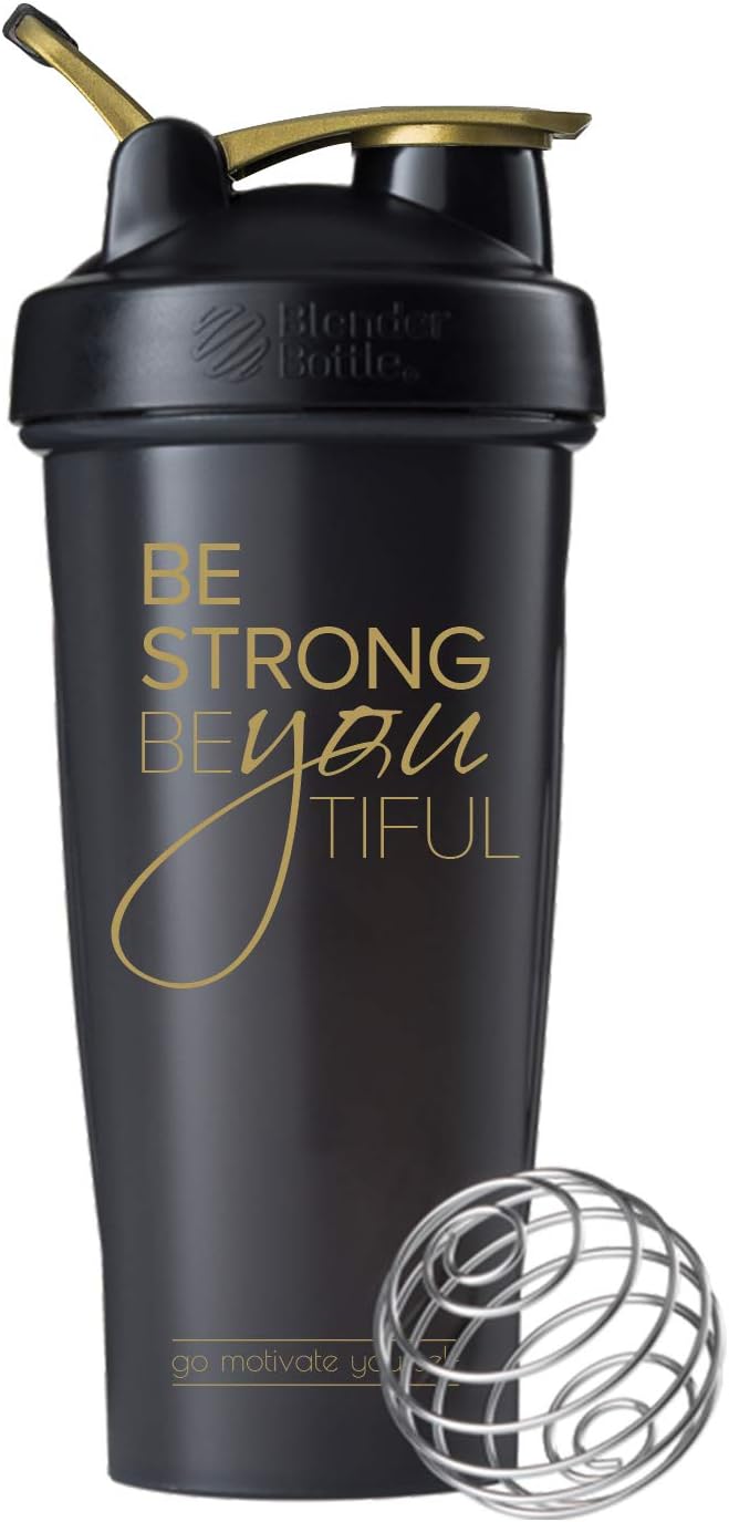 Motivational Quote on Blender Bottle Brand Shaker Bottle, 20 or 28 ounce capacity, Fitness Gift, Includes BlenderBall Whisk, Dishwasher Safe (Be Strong - 28oz - Black/Gold)
