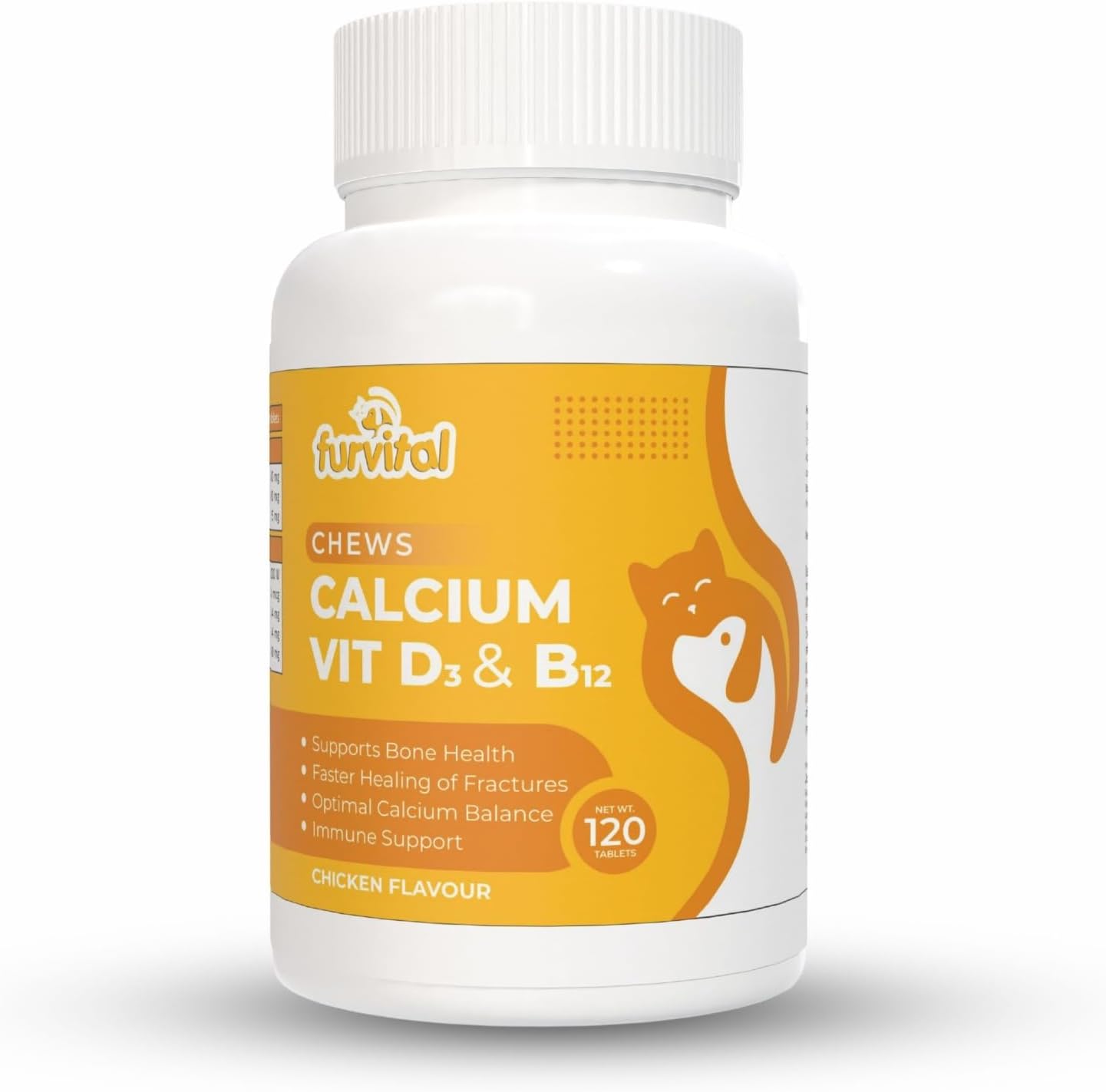 FURVITAL Calcium and Vitamin - D3 & B12 Chews | Supports Bone Health | Faster Healing of Fractures | Optimal Calcium Balance & Supports Immune | Suitable for All The Breeds - 120 Tablets.