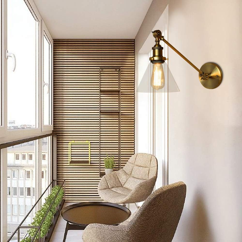 NIUYAO Vintage Industrial 1-Light Wall Lighting with Cone Clear Glass Shade Adjustable Swing Arm Antique Bedside Wall Lamp Decor Lighting Fixture Wall Sconces,Gold Finish 422676