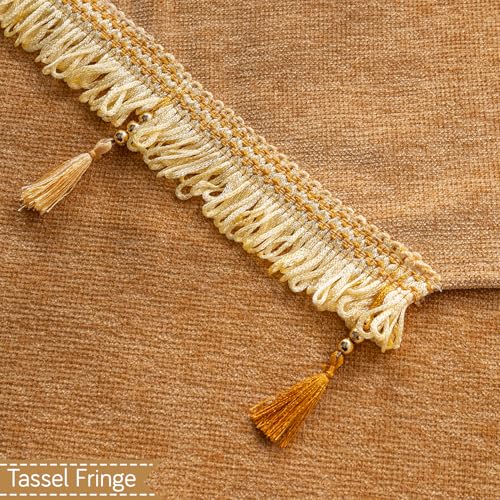 Image of HOKIPO 'Serenity Tassel' Chenille Sofa Cover 6 Seater Set with Tassels - Washable 3+2+1 Sofa Cover Mat | Sunlit Amber (IN-890 + IN-891 + IN-892 - GLD)